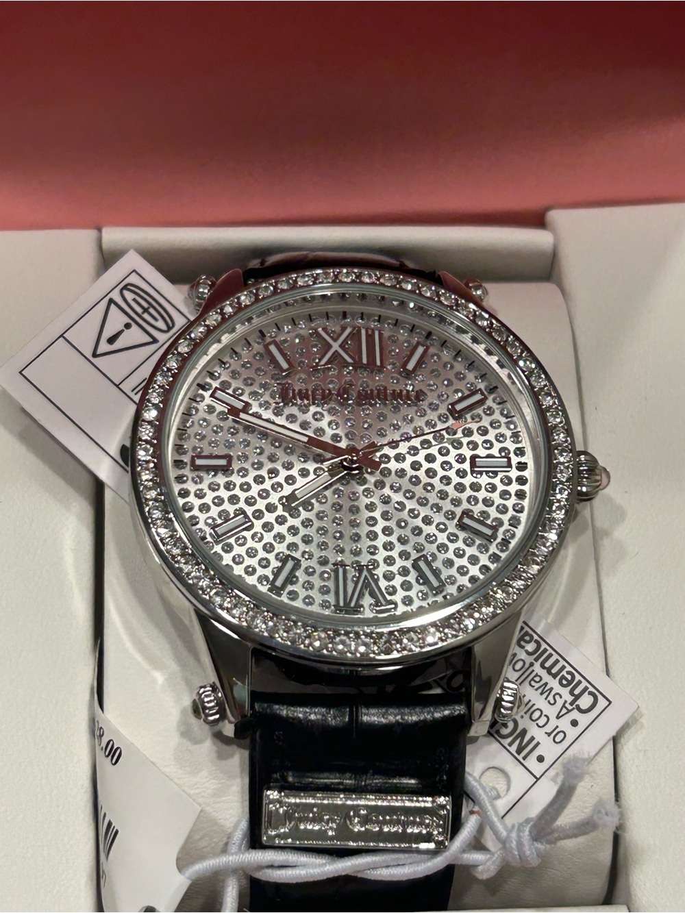 Juicy Couture Silver Crystal Dial Watch with Black Strap in Pink Box - Picture 2 of 6